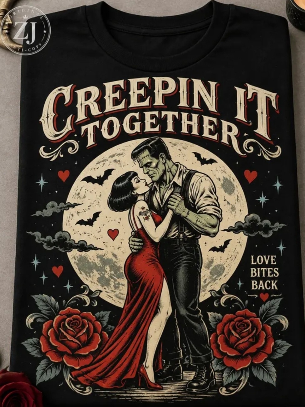 Creepin' It Together Black Graphic Tee - Horror Romance Design
